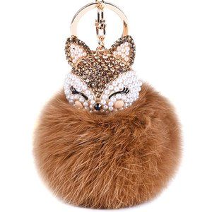 Rabbit Fur Ball Pom Pom Keychain with A fashion Alloy Fox Head Studded
